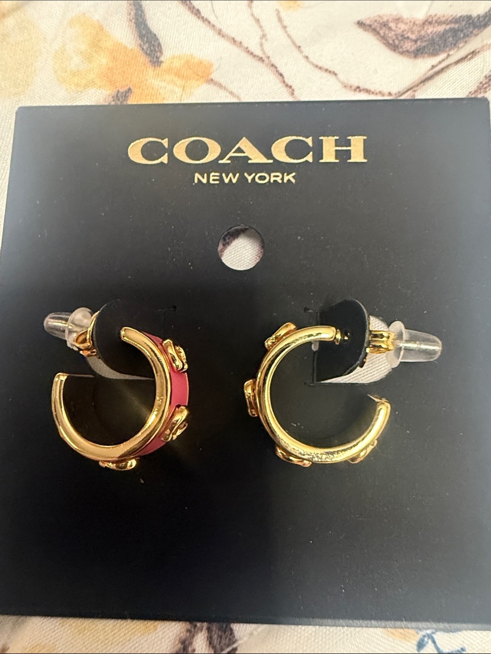 Coach Gold Hoop Earrings with Pink Accent